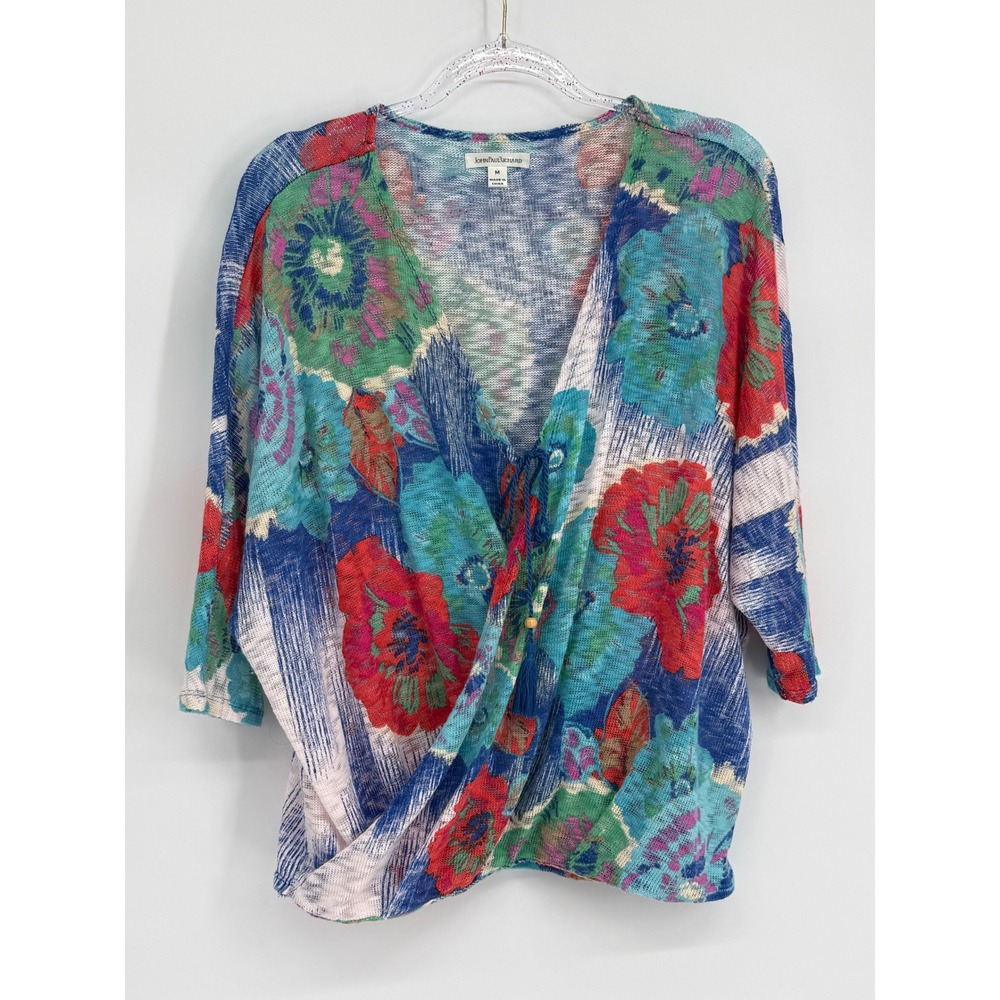 John Paul Richard Womens Floral Surplice Wrap Front Knit Top Blue Red Sz M